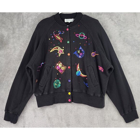 Westbound Sport Sweatshirt Womens Large Black Embroidered Sequin Button Vintage - Picture 1 of 12